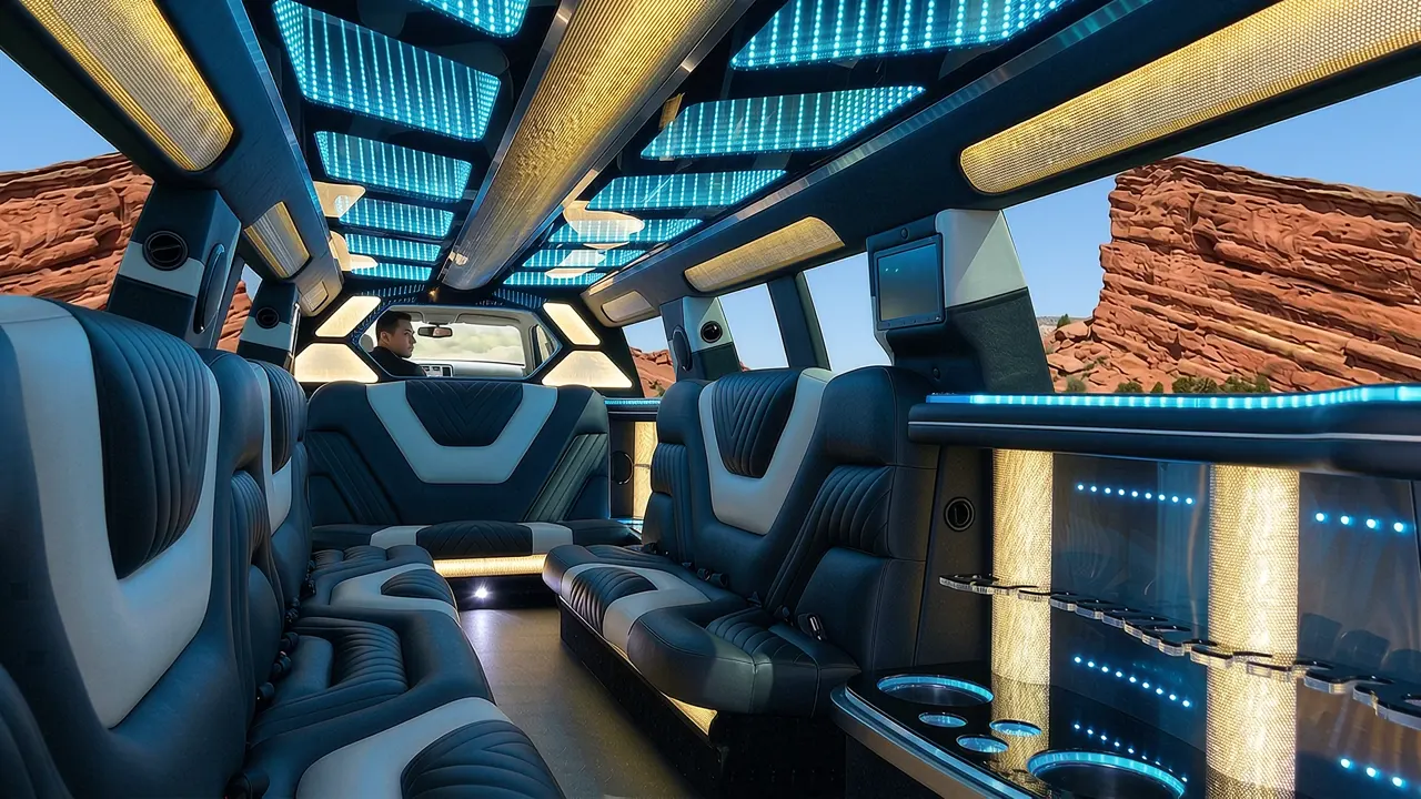 Inside the Mercedes GLS limo in Arvada: LED light-show ceiling, leather lounge seating and lit bar