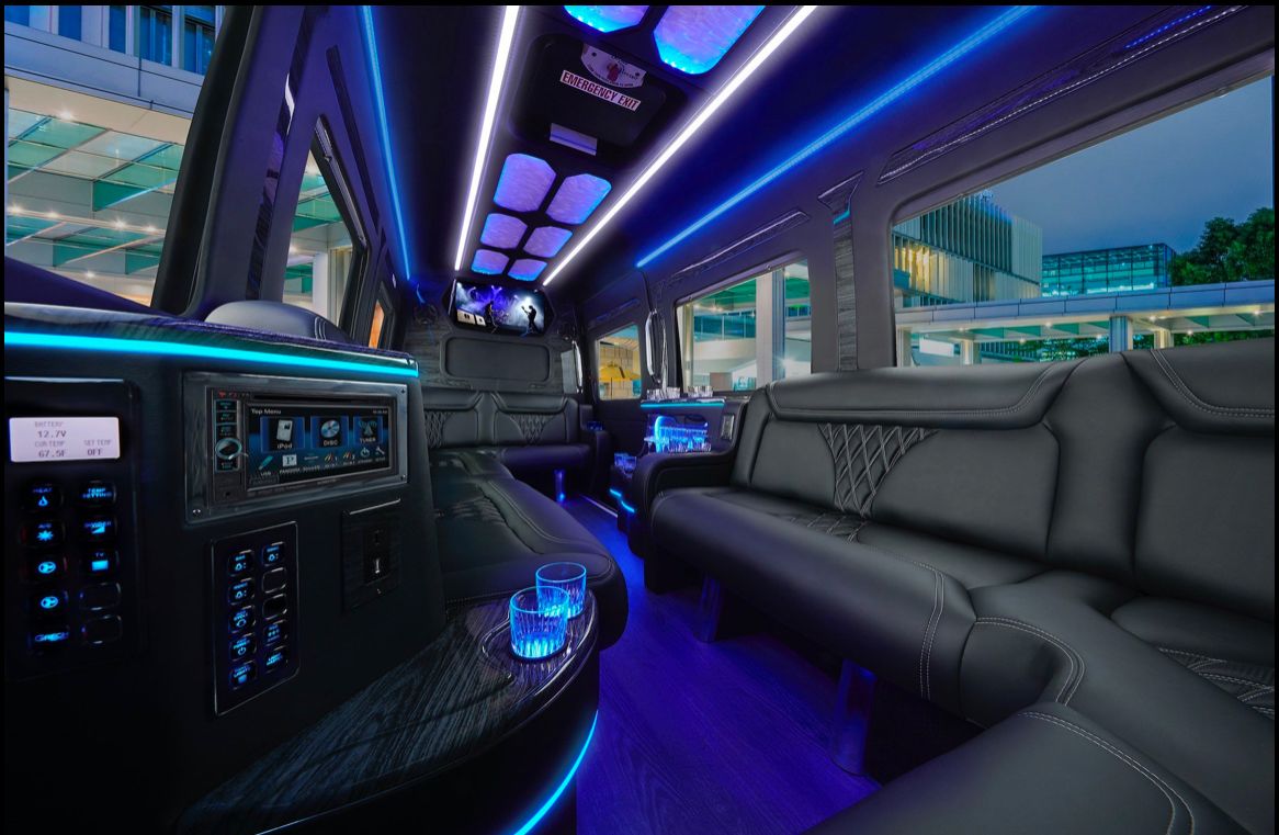 Arvada Limo 22 Mercedes Sprinter limo interior with LED ceiling