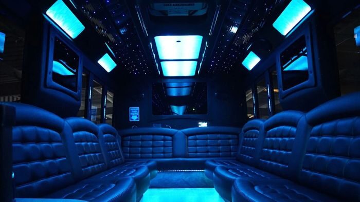 Wraparound seating and blue LED lights – Arvada limo service